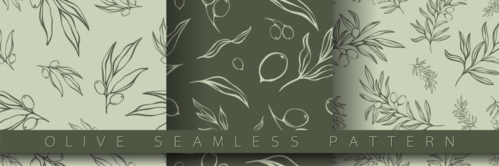 Set of seamless pattern with olive Branch in Minimal Liner Style. Vector Floral Backgrounds for Wedding invitations, greeting cards, print on fabric, wallpapers, scrapbooking, gift wrap and more.	
