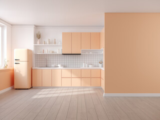 Peach fuzz room ,modern minimal  kitchen room interior  ,peach color paint wall. color of the year 2024 , 3d render
