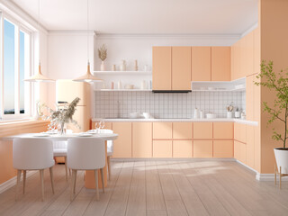 Peach fuzz room ,modern minimal  kitchen room interior  ,peach color paint wall. color of the year 2024 , 3d render