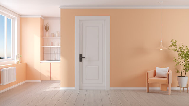 Peach fuzz room ,modern minimal  kitchen room interior  ,peach color paint wall with armchair. color of the year 2024 , 3d render