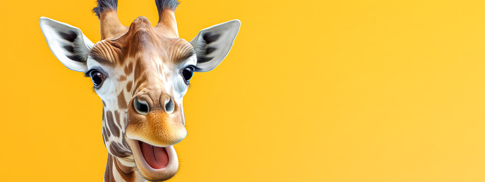 giraffe's face with a playful expression of astonishment, set against a vibrant yellow background that matches the giraffe's natural color palette