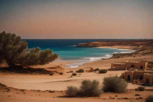sunset on the beach, Libya stock photo