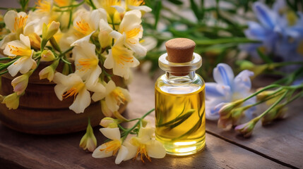 bottle, jar with essential oil extract freesia