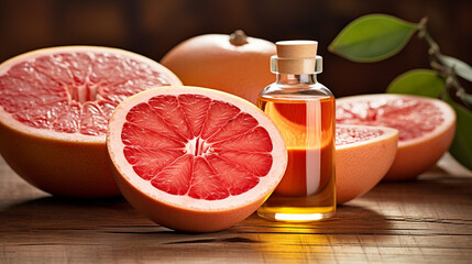 bottle, jar with grapefruit essential oil extract