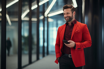 happy businessman ceo, standing in office, in red jacket and burgundy shirt, hold smartphone in hand