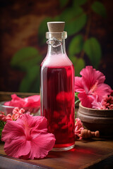 Obraz na płótnie Canvas bottle, jar with hibiscus essential oil extract