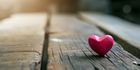 Fototapeta premium Pink heart on wooden empty table valentine day bokeh background - Generative ai