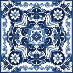 Fototapeta premium Mediterranean blue tile patterns, Portuguese tile patterns, ceramic tile pattern for kitchen, bathroom,