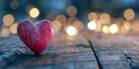 Pink heart on wooden empty table valentine day bokeh background - Generative ai
