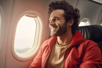 smile man in red jacket sitting in seat in airplane and looking out window