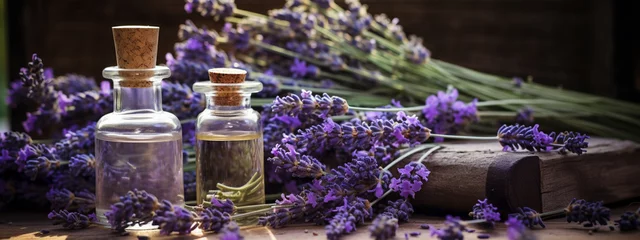 Fotobehang bottle, jar with lavender essential oil extract © Артур Комис