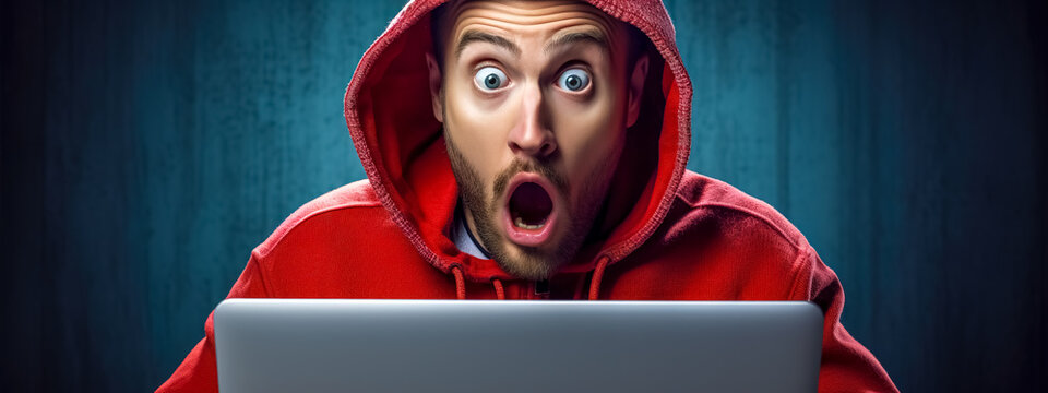 Hacker, Astonished Expression, Peering Over The Top Of A Laptop Screen, Wearing A Red Hoodie. The Person's Wide Eyes And Open Mouth Convey A Sense Of Shock Or Surprise, Set Against A Blue Background