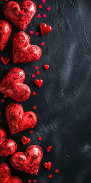 Red hearts on black background. Valentine's Day backdrop. Vertical banner