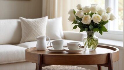 Obraz na płótnie Canvas White bouquet on the wooden coffee table with sofa in a cozy room white mug coffee, featuring a glass vase filled with sweet white tone, wooden tray, soft natural light streaming through a window