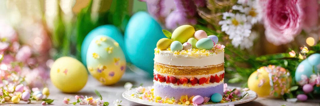 Easter, eggs. Easter cake. Easter decoration. Easter abstract blurred background. Holiday, symbol, identity. Site template. Free space for text. Close-up.