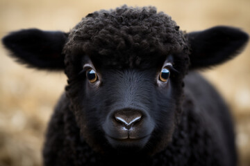 head of black young lamb close-up, ears to sides, curly-haired, looks at camera, selective focus