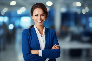 businesswoman european appearance beautiful, in blue jacket and blouse, crossed arms, smiling, in office blurred background, well-groomed skin