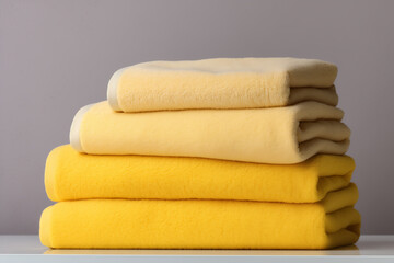 towels four fleece yellow colors stacked on countertop against wall background