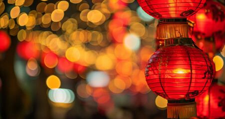Happy chinese new year with traditional red lantern hanging for celebration, blurred street night...