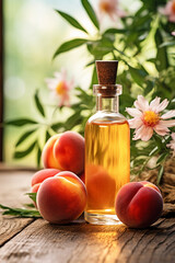bottle, jar with peach essential oil extract