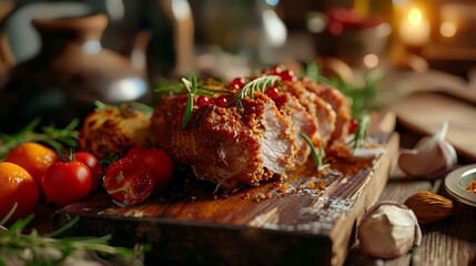 roasted pork knuckle with rosemary and spices on wooden board - obrazy, fototapety, plakaty