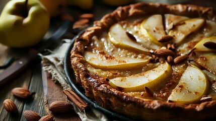 Homemade apple pie with caramelized apples on a dark wooden background.