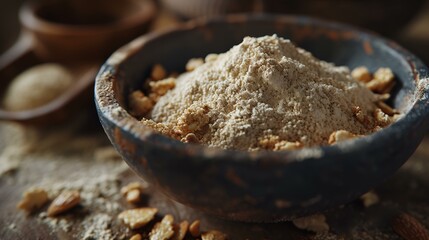 Wheat flour in a bowl on a wooden table, selective focus