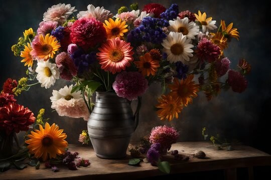 Picture a stunning still life composition featuring a mixed flower bouquet, bathed in perfect lighting that accentuates