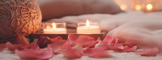 aromatic candles on the bed plan and rose petals. romantic - obrazy, fototapety, plakaty