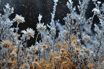 Frozen wildflowers, ice and hoarfrost on grass and flowers. Floral background