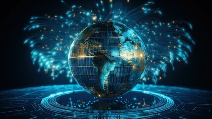 Global AI Influence Digital, global impact of AI Concept. Digital representation of the globe highlighting the worldwide impact of artificial intelligence within futuristic cybernetic space. - obrazy, fototapety, plakaty