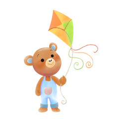 Teddy Bear With a Kite Flying Watercolor Illustration Hand Draw