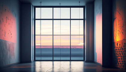 Empty apartment, dusk, run through windows on digital art concept, Generative AI.