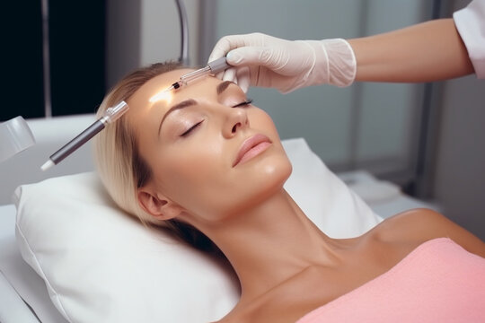 Woman at a beauticians appointment. A specialist examines it and makes markings with a special pencil. Non-surgical face lifting. SMAS lifting ultrasonic. Facelift