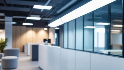 Abstract blurred interior modern office space with business and empty space, people working, panoramic windows, and beautiful lighting background blur in business concept.