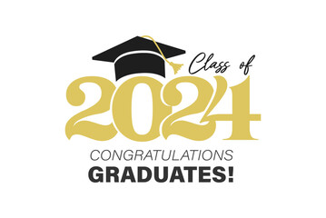 2024 Graduation Greeting Card Vector Design. Congratulations Graduates Modern Grad template with gold and black colors isolated on white background. Flat style stylish Vector Illustration