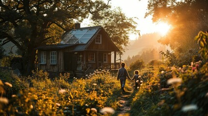 Kids walk in the autumn forest at sunset with old house. The concept of friendly family. - obrazy, fototapety, plakaty
