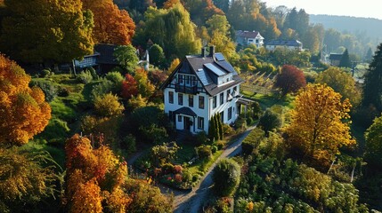 Aerial view of a beautiful house in the autumn forest, Poland