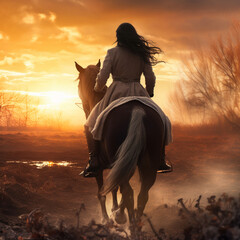 Woman riding a horse at sunset. - obrazy, fototapety, plakaty