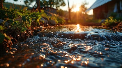 Water flowing through a hole in the ground at sunset.