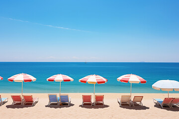Sunny beach landscape with striped umbrellas and lounging chairs - obrazy, fototapety, plakaty