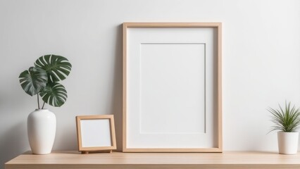poster frame mockup of the interior room, decorated with white walls, simple and elegant, placed on a wooden counter. Surrounded by decorative plant vases Placed neatly and cleanly. - obrazy, fototapety, plakaty