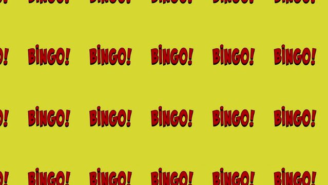 A text message: Bingo! Comic book or cartoon style. Animated as a repeated pattern, moving from bottom right to upper left angle of a yellow screen. Seamless loop.
