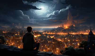 A young man sits on the roof of a house at night.