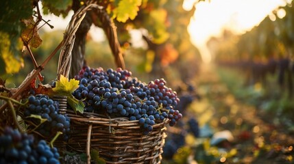 grape harvest basket amidst vine rows, early morning sun, essence of the vineyard