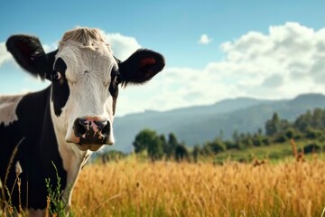 Funny cow looks into the camera in a field with Alps on the background
