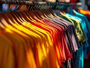 Colorful t shirts on the rack in the style of brandon wolfed