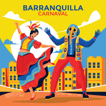 Carnival dancers with colorful costumes performing in the parade in Barranquilla Carnival