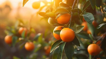Citrus branches with organic ripe fresh oranges tangerines growing on branches with green leaves in sunny fruiting garden. - obrazy, fototapety, plakaty