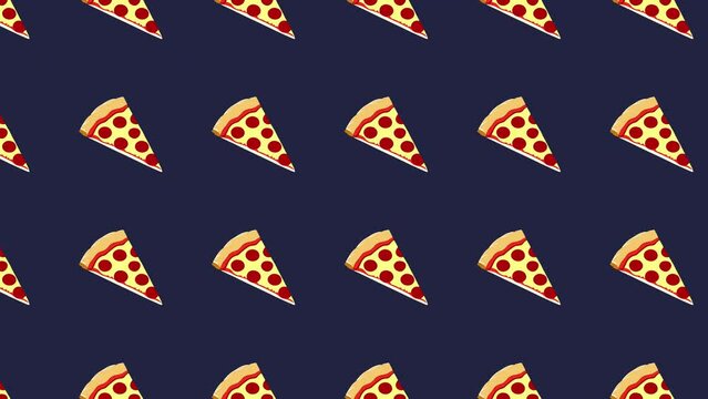 A slice of pizza with salami and a large crust, illustration isometric 3d, animated as repeated pattern going from bottom right to upper angle of a blue screen. Seamless loop.
